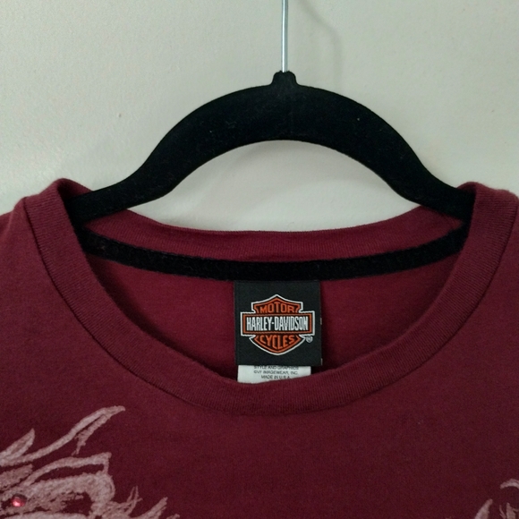 Harley Davidson Eagle Stud Rhinestones Womens Biker Burgundy Red L Shirt USA - Picture 6 of 10